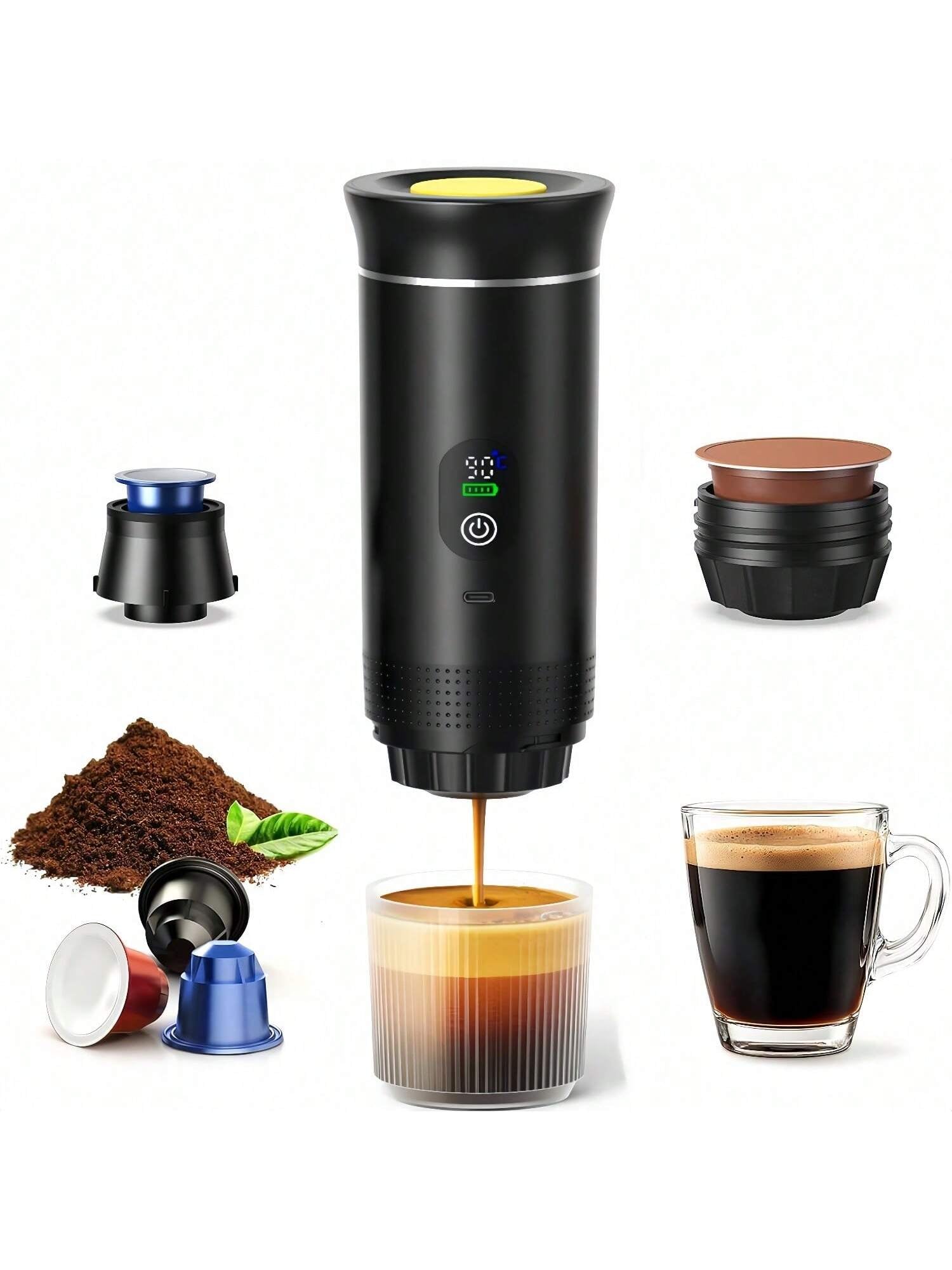 Portable Electric Espresso Machine, Camping Coffee Machine, Car Coffee Machine with Self Heating Function, USB-C Charging, Suitable for Grinding Coffee and NS Capsules, Very Suitable for Rvs, Hiking and Offices(Led Display and 80ML Water Tank)